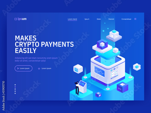Makes crypto payments easily isometric vector image on blue background. Fast and safe financial operations. Business tech features. Web banner with space for text. Composition with 3d components