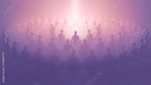 3d illustration of a group of meditating people into the light