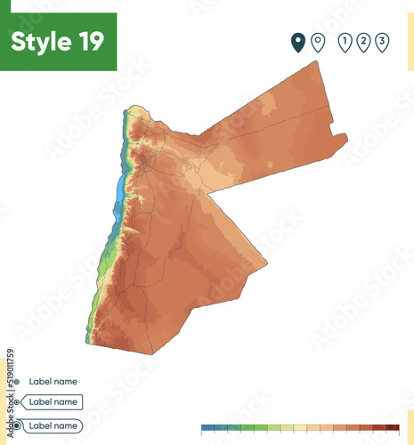 Jordan - high detailed physical map. Vector map. Dem map.