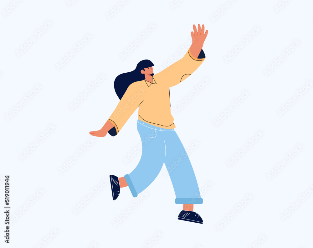 Cheerful positive girl jumping in the air with raised hands. Isolated on white background. Life people energy concept