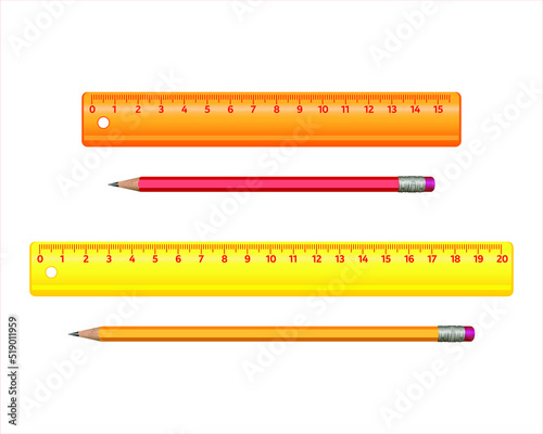 Pencils and rulers isolated on white background. Collection of stationery. For educational, business concepts. Vector illustration with school supplies.