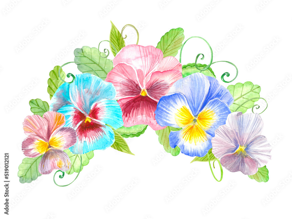 Watercolor pretty traditional wreath with blue and pink pansies. Ethnic floral art with summer nature. Vintage botanical illustration for postcards. Watercolor pretty traditional wreath with blue and pink pansies. Ethnic floral art with summer nature. Vintage botanical illustration for postcards.