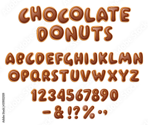 Chocolate donuts lettering font in realistic style on white background