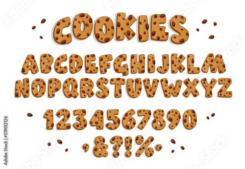 Chocolate chips cookies font on light background. Sweet food alphabet. Isolated vector sign symbol. Art collection. Chocolate drops.