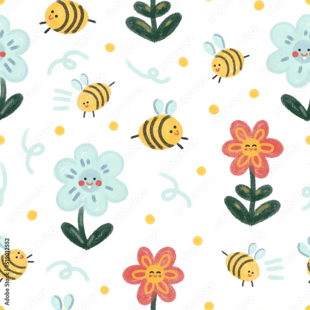 Cute Scandinavian watercolor vector pattern with cartoon flowers and bees on a white background. Delicate spring print for babies, newborns, textiles, decor, postcards, wrappers, interior
