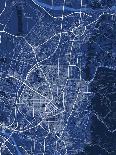 Fototapeta Naklejka Na Ścianę i Meble -  Detailed vector map poster of Taichung city, linear print map. Blue skyline urban panorama.