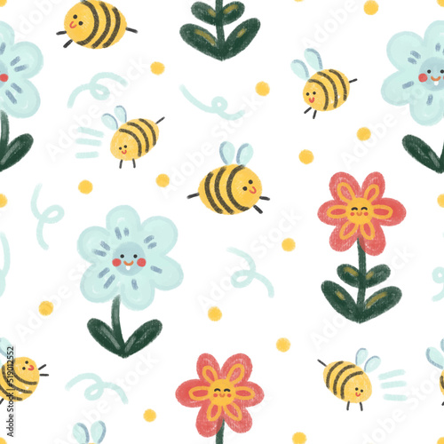 Cute Scandinavian watercolor vector pattern with cartoon flowers and bees on a white background. Delicate spring print for babies, newborns, textiles, decor, postcards, wrappers, interior