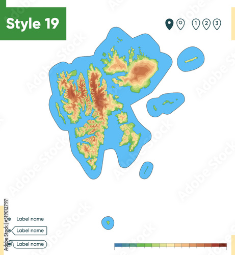 Svalbard, Norway - high detailed physical map. Vector map. Dem map.