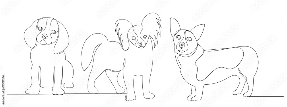 small dogs one continuous line drawing vector