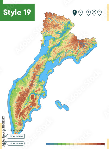 Kamchatka Territory, Russia - high detailed physical map. Vector map. Dem map.