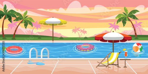 Vector illustration of a beautiful summer pool at sunset. Cartoon mountain landscape with swimming pool, beach umbrellas, ball, deck chair, cocktail, inflatable circles, palm trees.