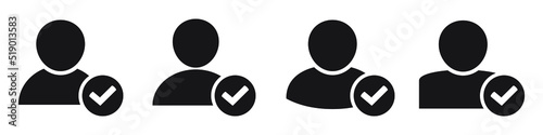 User profile sign web icon with check mark glyph. User authorized illustration design item. Straight style design icon. Account verified icon. Signed verified profile symbol. User accepted.