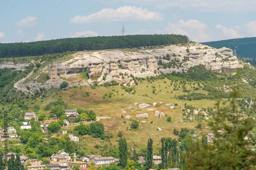 Bakhchisaray crimea assumption town cave monastery old tourism culture building, from religion monument in green from bright russia, view tower. Mountain jesus cliff,