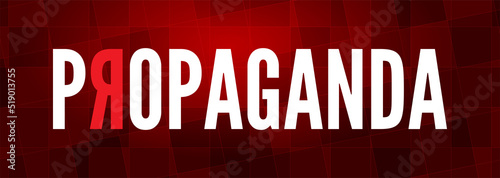 Propaganda typographic design. White and red letters over dark red gradient background.