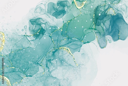 Pastel cyan mint liquid marble watercolor background with gold lines and brush stains. Teal turquoise marbled alcohol ink drawing effect. Vector illustration backdrop, watercolour wedding invitation.