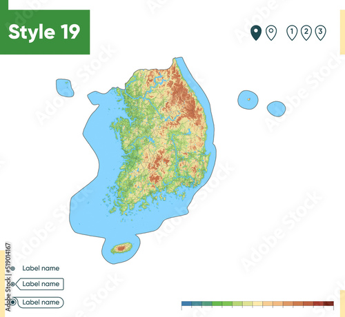 South Korea - high detailed physical map. Vector map. Dem map.