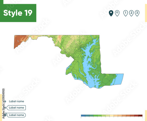 Maryland, USA - high detailed physical map. Vector map. Dem map.