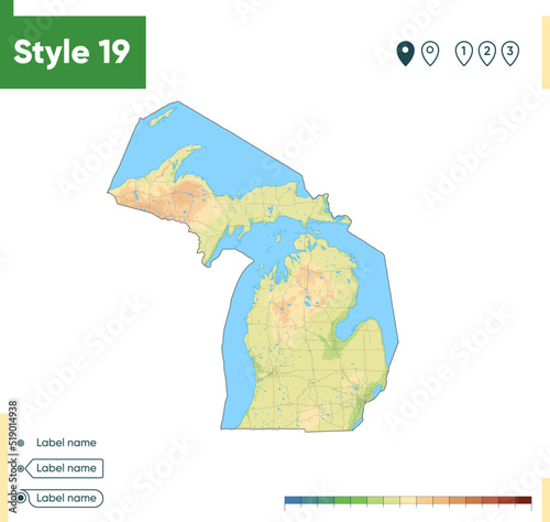Michigan, USA - high detailed physical map. Vector map. Dem map.