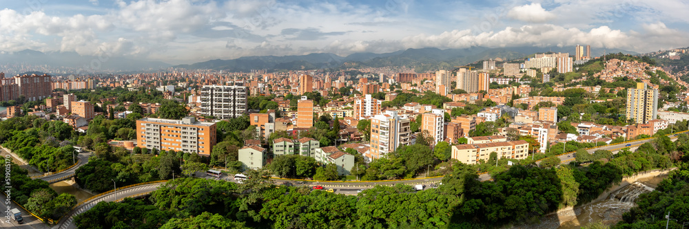 Medellin town city panorama travel view on Robledo and Los Colores districts in Colombia