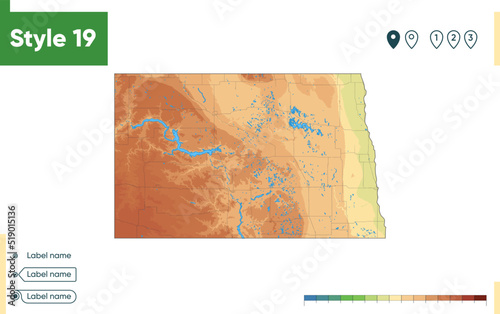 North Dakota, USA - high detailed physical map. Vector map. Dem map.