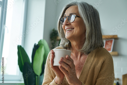 Fotografie, Obraz Elegant senior woman enjoying hot drink while relaxing at home