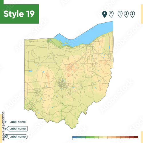 Valokuva Ohio, USA - high detailed physical map. Vector map. Dem map.