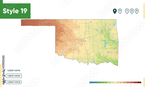 Oklahoma, USA - high detailed physical map. Vector map. Dem map.