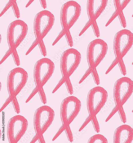Pink ribbon - breast cancer awareness symbol emblem, Grunge textured hand drawn ink paint stroke seamless pattern background design