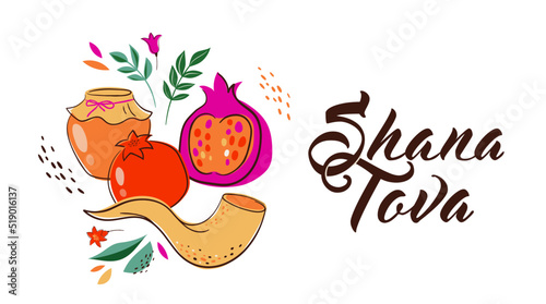 Rosh Hashanah design template with hand drawn apples, pomegranate, honey and Shofar horn. Shana Tova Lettering. Translation from Hebrew - Happy and Sweet New Year 