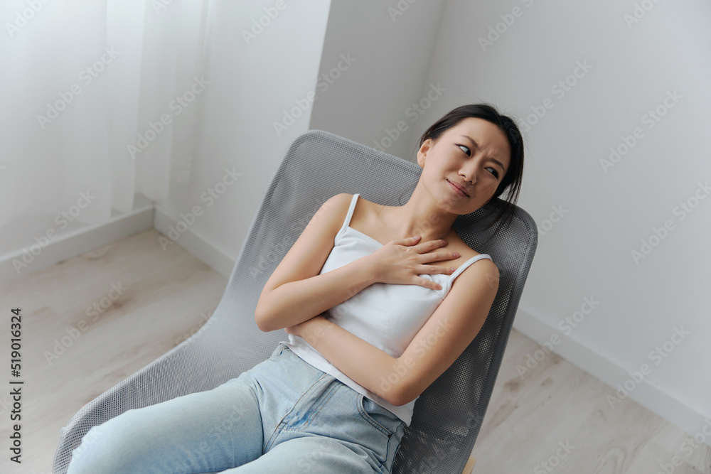 Cough Tickling. Top view of suffering crying tanned beautiful young