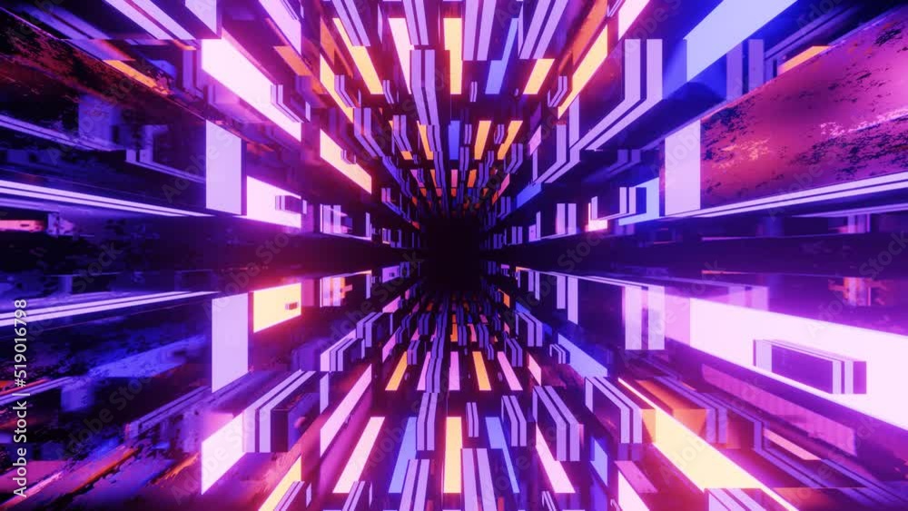Fly through creative space with neon glow. Sci-fi flight through technology tunnel. Hologram and neon light. 3d looped seamless 4k bright background.