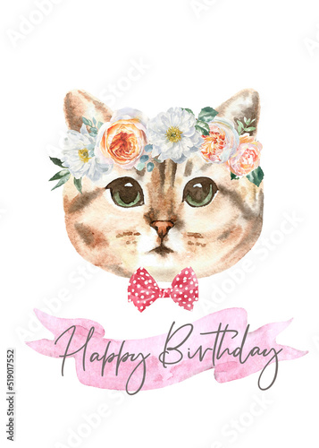 Fototapeta Naklejka Na Ścianę i Meble -  Watercolor hand-painted cat british shorthair breed illustration.Cat in costume, flower wreath, happy birthday. Cute hipster, animal head, face portrait, cute baby cat isolated for baby shower card