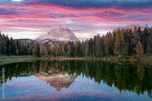 Picturesque landscape with famous lake Antorno (Lago di Antorno) in autumn Dolomites mountains. Incredible sunset in Italy Dolomites. Landscape photography photo