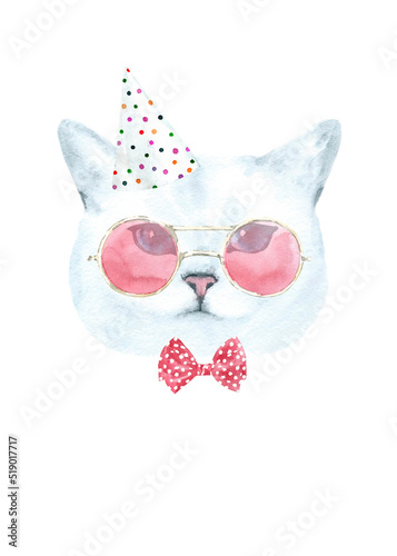 Watercolor hand-painted cat british shorthair breed illustration.Cat in costume,party hat,bowtie, happy birthday. Cute hipster, animal head, face portrait, cute baby cat isolated for baby shower card