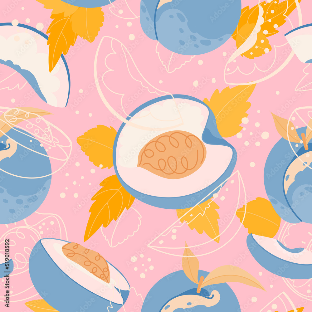 Peach seamless vector pattern with whole and half fruit and leaves on pink background. White outline doodle, flat style illustration for textiles, fashion, wrapping paper, wallpaper Peach seamless vector pattern with whole and half fruit and leaves on pink background. White outline doodle, flat style illustration for textiles, fashion, wrapping paper, wallpaper