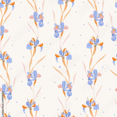 Blue Iris Flowers Vector Seamless Pattern on beige background. Floral illustration for Fabric  Wallpaper  Invitations