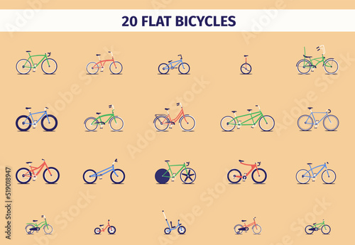 Set of bicycles in flat style. City bike, BMX, downhill, folding bike, fixed gear, rastabike, fatbike, sport bike. Kids bikes. Vector collection.
