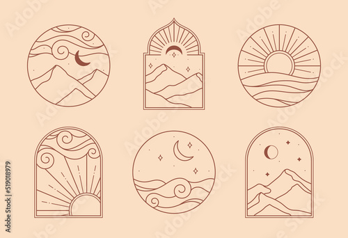 Vector linear boho icons with mountains landscape,desert,sea.Travel emblems with mountains or sand dunes;sun with sunburst,moon and aurora lights.Modern bohemian symbols in oriental style.