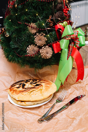 whole cheese pie. not sliced. traditional Georgian khachapuri cheese pie. pan fried pie. photo