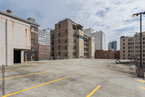 Top level of a parking deck in downtown Atlanta on cloudy day