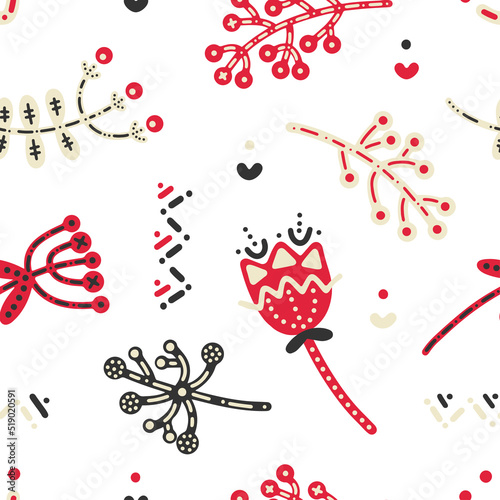 Bright vector pattern in folk Scandinavian style. Floral print with twigs, bouquets and ornaments in wine, gray and beige shades for background, textile, wrapping, decor, holidays, gifts, interior