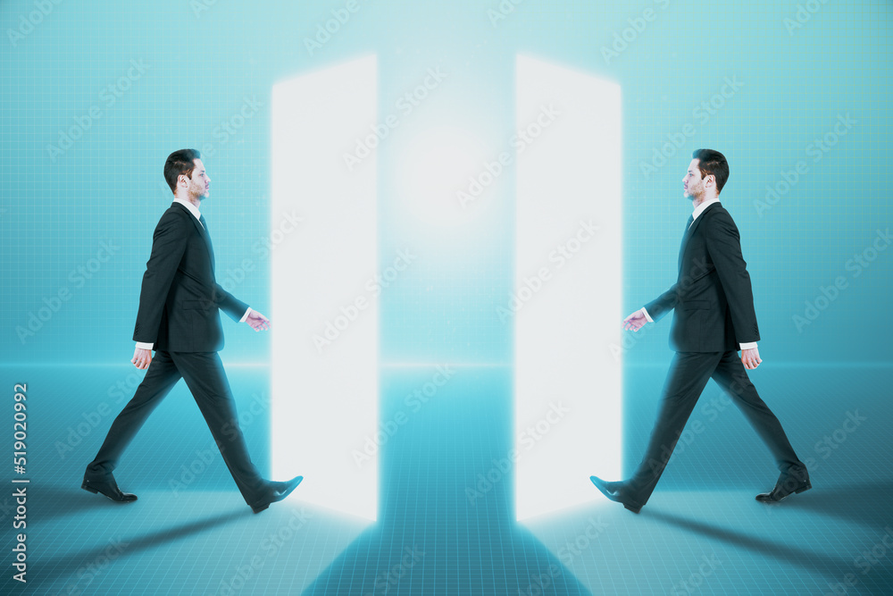 Side view of two young businessmen walking into metaverse world on glowing background. Meta, technology and innovation concept. Side view of two young businessmen walking into metaverse world on glowing background. Meta, technology and innovation concept.