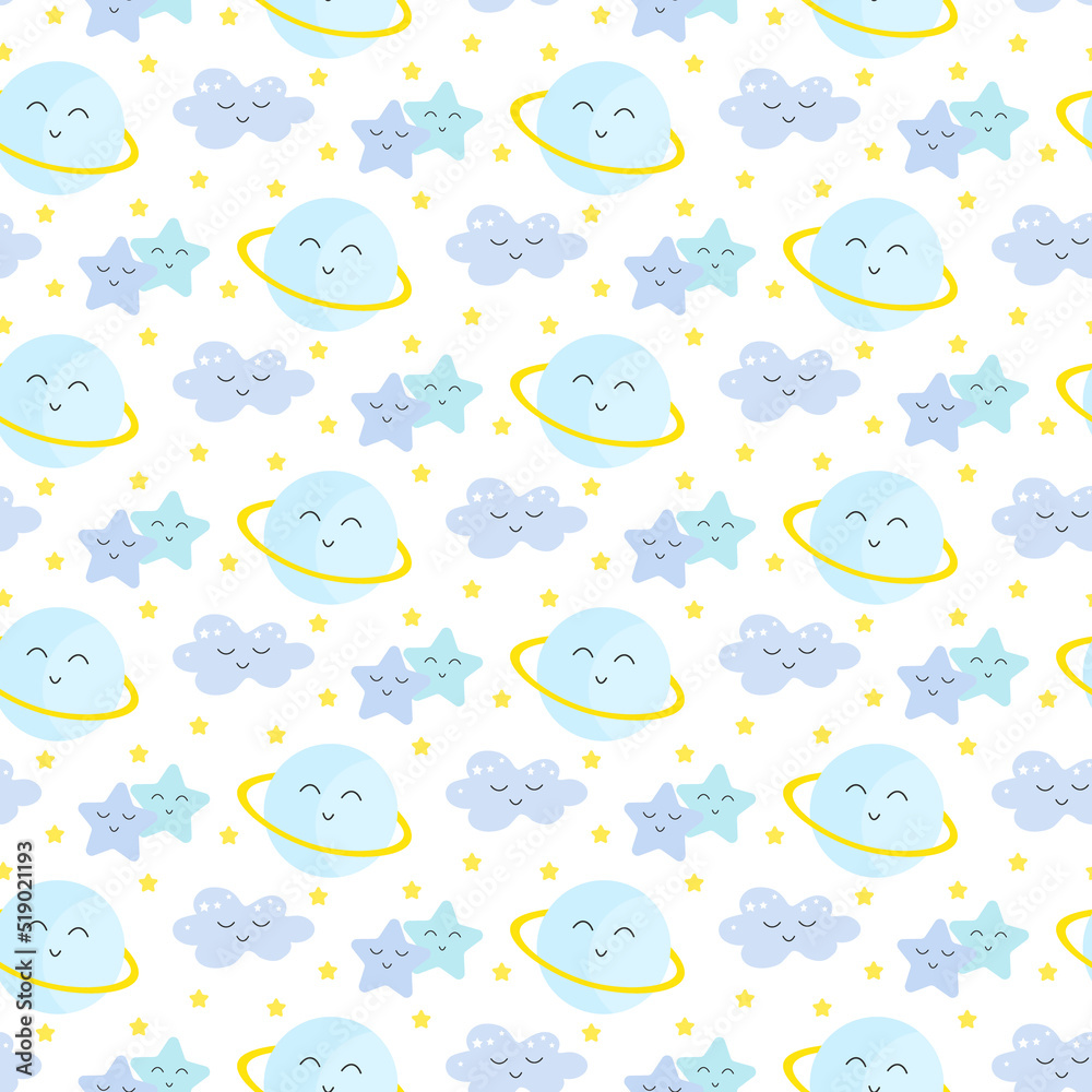 Childish gentle pattern with planet saturn, stars and clouds.Vector drawing on a white background. Use for clothing prints, greetings, bedding and packaging, interior wallpaper, birthday and shower Childish gentle pattern with planet saturn, stars and clouds.Vector drawing on a white background. Use for clothing prints, greetings, bedding and packaging, interior wallpaper, birthday and shower