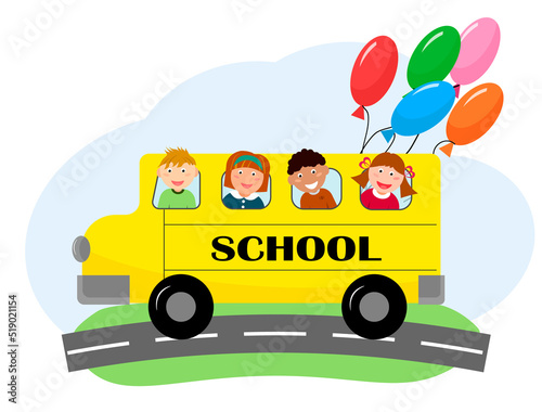 Children ride the school bus. Print back to school. Vector illustration. For postcards, prints, posters and brochures, promotional materials.