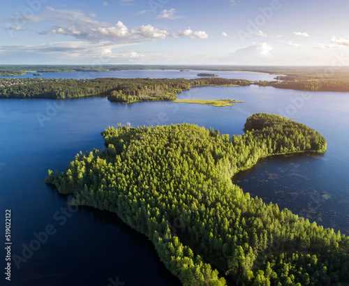 Aerial view of the nature of Karelia. Beautiful lake. Panorama of nature from above.