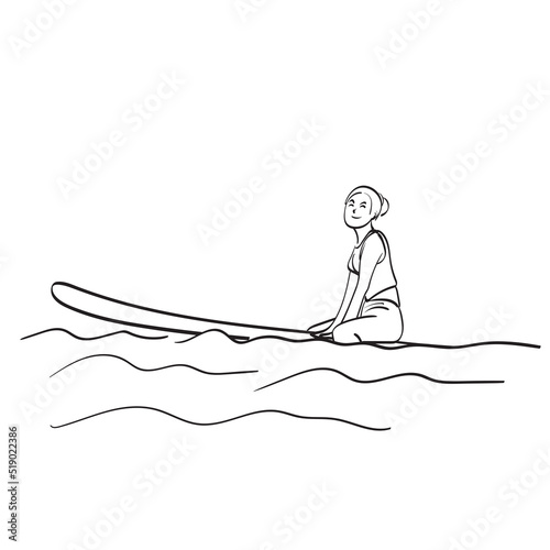 line art woman sitting on paddle board in the sea illustration vector hand drawn isolated on white background