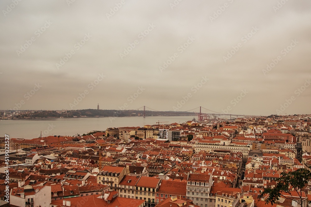 Panoramic view of Lisbon Skyline from the top of Castelo sao jorge