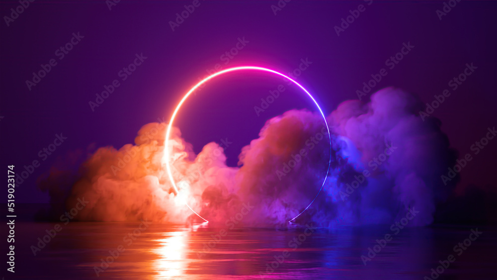 3d render, abstract neon background with illuminated cloud and round geometric arch. Mystical foggy scene - obrazy, fototapety, plakaty 