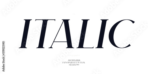 Elegant italic font sans serif style modern typography letters and number. Uppercase and lowercase letters. Minimal alphabet for promotion, video, decoration, logo, poster, book, printing. Vector photo