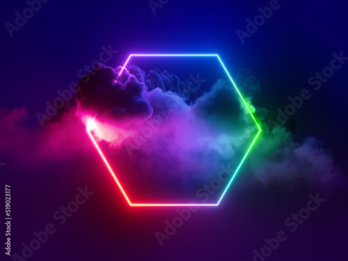 3d rendering, abstract neon background with stormy cloud and hexagonal frame glowing with colorful light